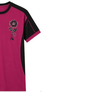 Ensemble décontracté deux pièces pour femme, t-shirt à manches courtes et pantalon droit, magenta et noir, avec contraste, personnalisable - Product Image 4