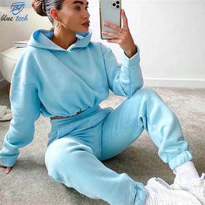 Ensemble de survêtement personnalisé pour femme en molleton de coton rose uni, avec pantalon et sweat à capuche court, deux pièces, style streetwear, OEM - Product Image 5