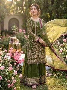 Ensemble prêt-à-porter en faux georgette avec broderie de créateur, travail de sequins et rivets, et détails Moti, comprenant un haut, un pantalon Plazzo et une dupatta. - Product Image 1