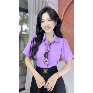 Camisa de Manga Corta para Mujer con Apliques Florales, Estilo Casual de Oficina, Color Sólido, Fácil de Usar - Product Image 6