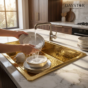 อ่างล้างจานครัวทรงสี่เหลี่ยมแบบฝังใต้เคาน์เตอร์ ยี่ห้อ Daystar Trade ผลิตด้วยมือจากทองเหลืองตีขึ้นรูป ผิวขัดเงา แบบช่องเดียว 4 รู - Product Image 2