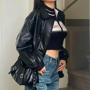Unisex Oversized Faux Leather Racing <b>Jacket</b>, <b>Vintage</b> Motocross Bomber <b>Varsity</b> Coat, Trendy Motorcycle Streetwear Outerwear - Product Image 2