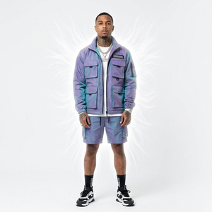 Unisex Streetwear 2 Piece <b>Shorts</b> <b>Set</b> Hooded Jacket With Pockets Color Blocked Purple Blue Sportswear All Seasons Regular Fit - Product Image 4