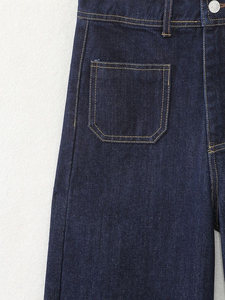 Jean en denim décontracté bleu foncé à fermeture éclair, coupe ample mi-haute et jambe large, en tissu de bonne qualité, délavage neige, pour femme - Product Image 6
