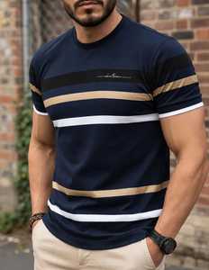 T-shirt à manches courtes pour homme, bleu marine rayé, col rond, coupe classique, décontracté, logo sur le devant, respirant, tricoté - Product Image 1