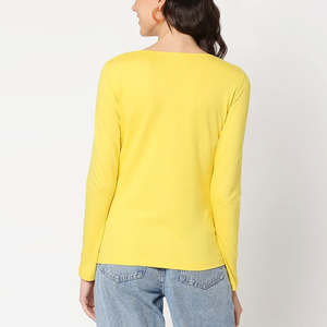 <b>Women</b> Long Sleeve O-Neck <b>T</b>-<b>Shirt</b> Solid <b>Yellow</b> Knitted Cotton Casual Wear - Product Image 1