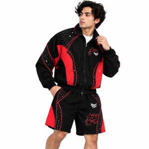 Veste coupe-vent et short de luxe en nylon noir et rouge avec strass, style sportif d'été, veste de survêtement personnalisée USA - Product Image 4