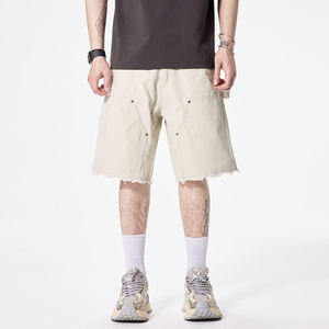 Shorts cargo en jean beige pour homme, taille mi-haute, bords bruts, effet usé, décontracté d'été, en coton tissé, avec poches - Product Image 4