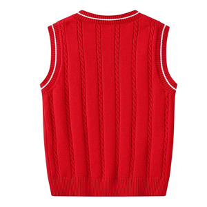 Gilets en tricot sans manches à col en V rouge, personnalisables avec logo, pour garçons et filles, uniforme scolaire, pull à carreaux - Product Image 2
