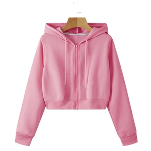 Femmes rose recadrée fermeture éclair à capuche coton polaire veste Slim Fit décontracté Streetwear personnalisé plaine hiver mode courte longueur vêtements - Product Image 1