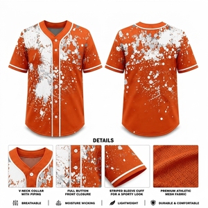 Summer Baseball Jersey Sublimation Paint Splash Full Button V Neck Lightweight <b>Mesh</b> Custom OEM Wholesale Manufacturer - Product Image 3