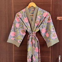 Peignoir en coton en gros, Kimono de nuit fait main, Robe élégante et douce, Kimono imprimé en coton, Kimono long artisanal