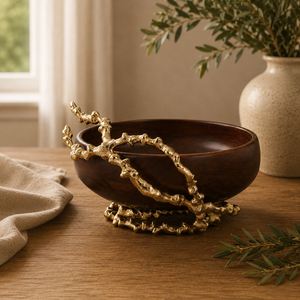 Handcrafted Acacia Wood Serving Bowl With Luxury Gold Brass Branch Base Decorative <b>Tabletop</b> Centerpiece For Home & Hotel Decor - Product Image 2