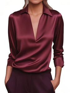 Chemise de travail élégante en satin pour femme, col classique, manches longues, coupe moderne et décontractée - Product Image 3
