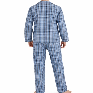 Pyjama d'été décontracté pour homme, respirant, confortable, anti-plis, écologique, ensemble 2 pièces à manches longues à carreaux bleus - Product Image 3