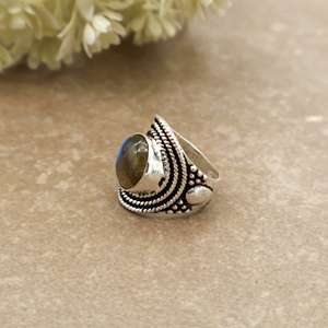 SHYAM JEWELRS Brass Natural Labradorite Bezel <b>Set</b> Handcrafted Vintage Bohemian Triple Rope Border Statement <b>Ring</b> Unisex - Product Image 3