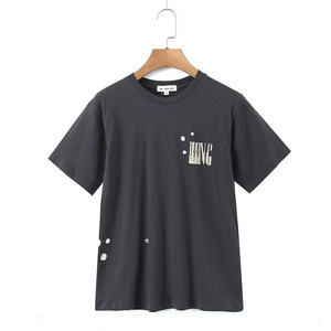 Camiseta de Cuello Redondo Holgada Negra para Mujer, Manga Corta, Estampado de Letras, Informal, Verano, Algodón Jersey, Diseño Transpirable - Product Image 1