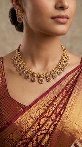 High Quality Traditional Tempal Laxmi Gold-Plated Flower Design Coin Necklace Earrings <b>Set</b> Crystal Rhinestone Ethnic Wedding - Product Image 2