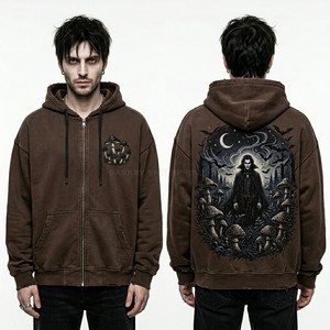 Wholesale Brown Vintage Wash Zip Up Hoodie Oversized Streetwear Mushroom Vampire Graphic Fleece Cotton Men Custom Zip Hoodie - Product Image 1
