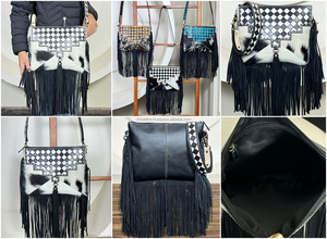 Latest Trending Designer 2025 Checkered Design Luxury <b>Fringe</b> Handbag Hand Tooled Leather Genuine Cowhide Leather Shoulder Bags - Product Image 3