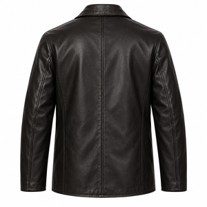 <b>Men's</b> Genuine Leather Jacket Turn Down Collar Single Breasted <b>Coat</b> Solid <b>Black</b> Casual <b>Long</b> Sleeve Outerwear - Product Image 3