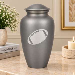 Urne funéraire en métal gris à thème sportif avec motif de ballon de football, finition mate lisse, pour cendres de crémation, souvenir commémoratif - Product Image 1