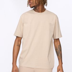T-shirt en coton beige surdimensionné pour homme, manches courtes, col rond, jersey uni décontracté - Product Image 3