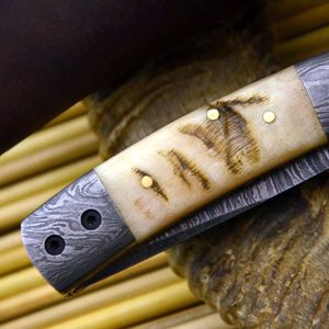Couteau de chasse en acier de Damas, lame à pointe tombante, avec manche en os et étui en cuir, outil de survie pour le camping en plein air - Product Image 4