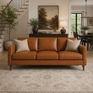 Modern Genuine Leather Three Seat <b>Sofa</b> With Wood Legs Tight Back Straight Arms Midcentury Living Room Furniture Leather <b>Sofa</b> - Product Image 4