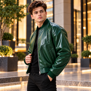 Chaqueta Bomber de Cuero Genuino para Hombre, Color Verde Bosque, Cuello Acanalado, Cierre de Cremallera, Chaqueta de Motociclista a la Moda, Ropa Exterior Personalizada al por Mayor - Product Image 3