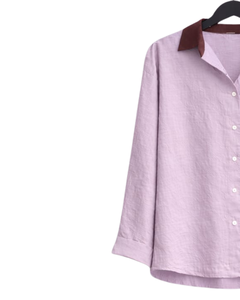 Women Lavender Embroidered Shirt And Burgundy Wide Leg <b>Pants</b> Two Piece Set Casual Cotton Linen Outfit Loose Summer Clothing OEM - Product Image 3