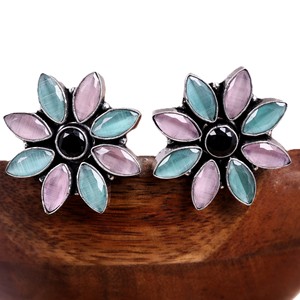 Pink Zircon Marquise Cut Brass Floral <b>Stud</b> Earrings | Antique <b>Silver</b> Plated Boho Tribal Jewelry Gift for Women Anniversary - Product Image 2