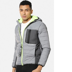 Blouson matelassé gris à capuche pour homme avec fermeture éclair vert citron, coupe-vent, décontracté, pour l'automne, couleur unie, coupe régulière, en polyester - Product Image 4