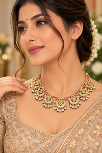 Traditional <b>Indian</b> Jadau Necklace and Earrings Set with American Diamond Gold Plating for Women, Ethnic Bridal <b>Jewellery</b> - Product Image 5