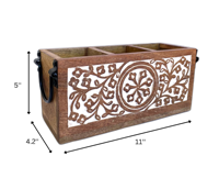 Organisateur de couverts en bois à 3 compartiments avec poignées métalliques, style rustique pour cuisine, vente en gros