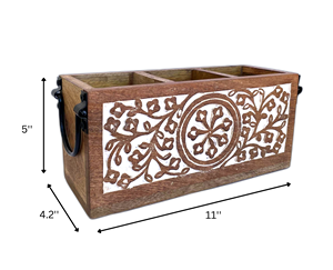 Organisateur de couverts en bois à 3 compartiments avec poignées métalliques, style rustique pour cuisine, vente en gros - Product Image 3