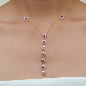 Elegante Collar Lariat en Forma de Y con Halo de Rubíes y Diamantes en Oro Amarillo de 14K, Diseño Clásico y Moderno, Joyería para Mujer, Proveedor de Joyería para Bodas - Product Image 2