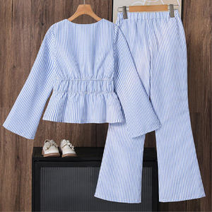 Conjunto de Ropa Casual para Adolescentes, Diseño Primavera 2025, Camisa a Rayas de Manga Larga y Pantalones Acampanados, 2 Piezas - Product Image 2