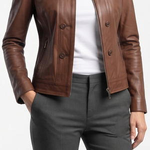 Wholesale Women's Casual Leather Jacket Chest Pocket Stand Collar Biker Leather Jackets Ladies Outerwear Fashion Leather Jackets - Product Image 3
