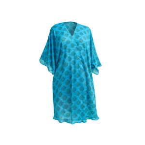 Caftán de Seda Habotai 100% Azul Real Élite, Cuello en V, Manga con Volantes, Ropa de Dormir de Boutique, Vestido de Lujo Hecho a Mano, Obra Maestra para Mujer - Product Image 1