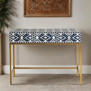 Bone Inlay <b>Console</b> <b>Table</b> With Geometric Pattern <b>Gold</b> Metal Frame Rectangular Entryway Decorative Furniture Indoor Use - Product Image 1
