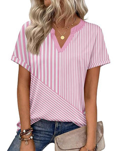 Camiseta de Manga Corta con Cuello en V para Mujer, a Rayas, Holgada, Informal, de Verano, con Patrón Rosa y Blanco, Transpirable, de Algodón Tejido - Product Image 1