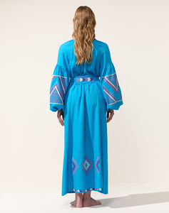 Women Turquoise Cotton Maxi Dress Geometric Embroidery <b>Balloon</b> Sleeve V Neck Tie Waist Boho Dress - Product Image 2