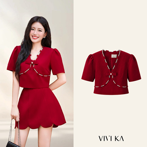Blusa roja con cuello en V y manga corta para mujer, blusa con mangas abullonadas y detalle de lazo, top corto femenino para fiesta, estilo informal THETIS - Product Image 1