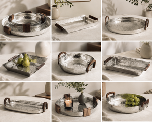 Plateau de service rond en aluminium martelé moderne avec poignées en bois, plateau de présentation décoratif en métal pour la maison, l'hôtel et le restaurant - Product Image 3