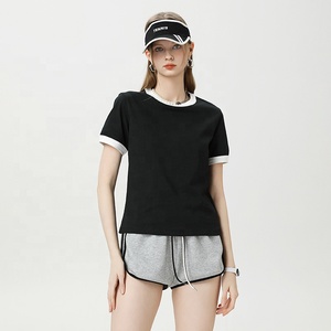 260gsm Cotton Blend Women's Contrast Trim Short Sleeve Crewneck Athleisure T-Shirt Breathable Casual Streetwear Tee for Women - Product Image 2