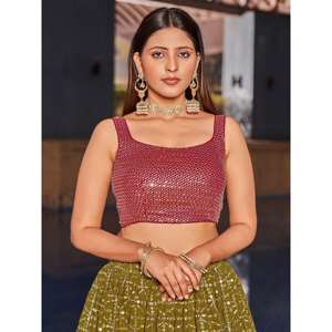 Fabuleux Paillettes Vert Olive Georgette Lehenga Choli Avec Dupatta - Product Image 2