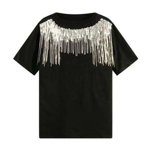 Men's & Women's Tassel Fringe <b>Rhinestone</b> T-Shirt 2026 Jet Black Regular Fit Silver Sparkle Crystal Streetwear <b>Top</b> HD - Product Image 1