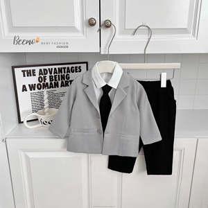 Haute qualité toile Spandex/Polyester à manches longues chemise hauts + bouton gilet + pantalon cravate enfant en bas âge bébé garçons Gentleman ensembles formels - Product Image 4