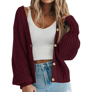 Women's Burgundy Knitted Cardigan V-Neck Full Sleeve Button Front Casual Autumn Wear 100% Acrylic Solid Color - Product Image 5